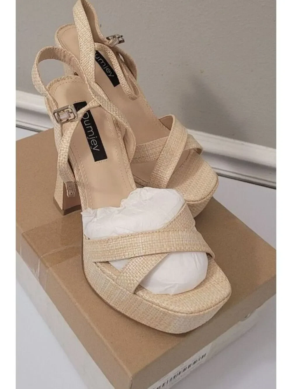 Dumley Women's Raffia Beige Platform Chunky Heel Sandals Fashion Shoes Size 6